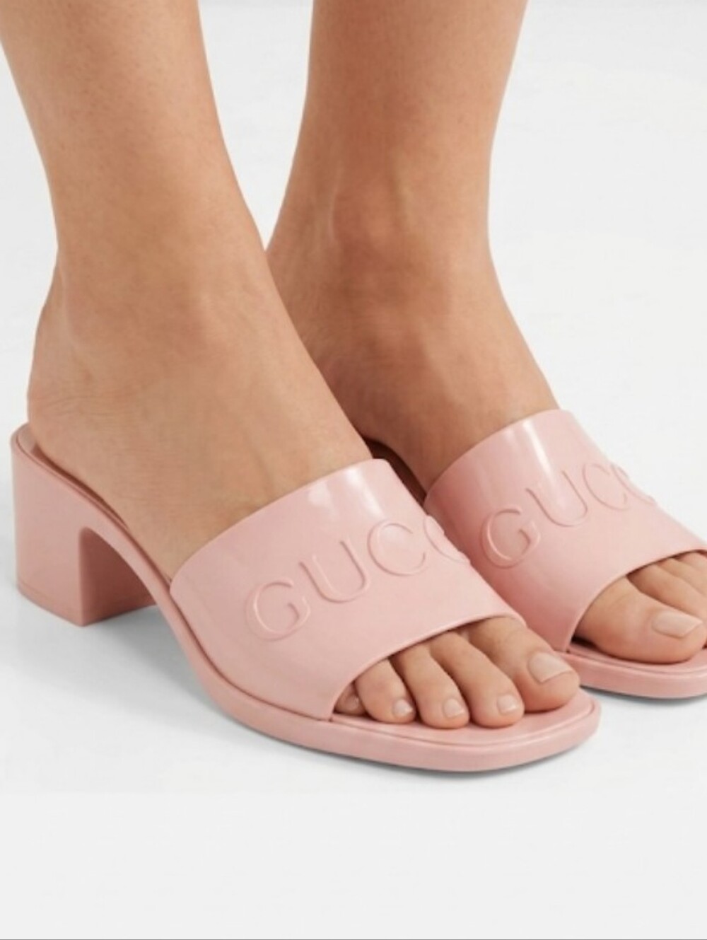 Gucci Pink‎ Rubber Embossed Logo Chunky Heel Slides Size 38
